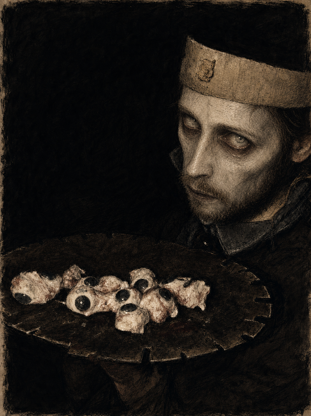 Gezeichnetes Archivbild eines anonymisierten Darstellers mit Schafsaugen-Requisiten auf einem Sägeblatt